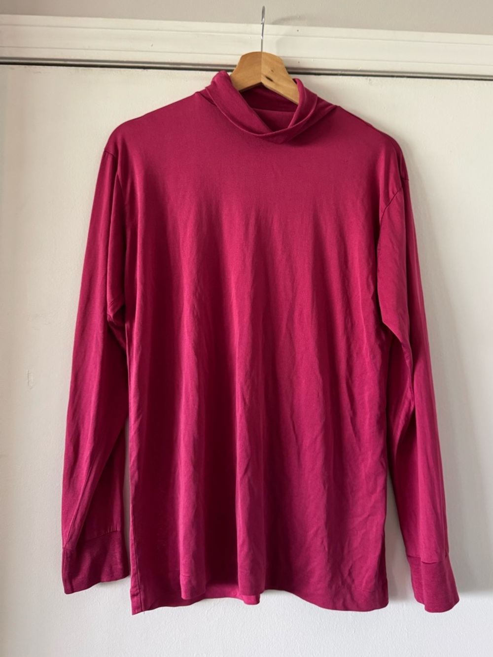 LL Bean 100% Silk Interlock Mock Neck Top Large Tall Magenta Raspberry Plum